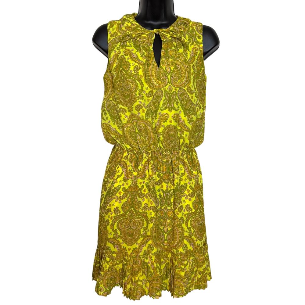 Banana Republic Paisley Pleated-Neck Dress Petite XS Yellow Green Ruffle Hem